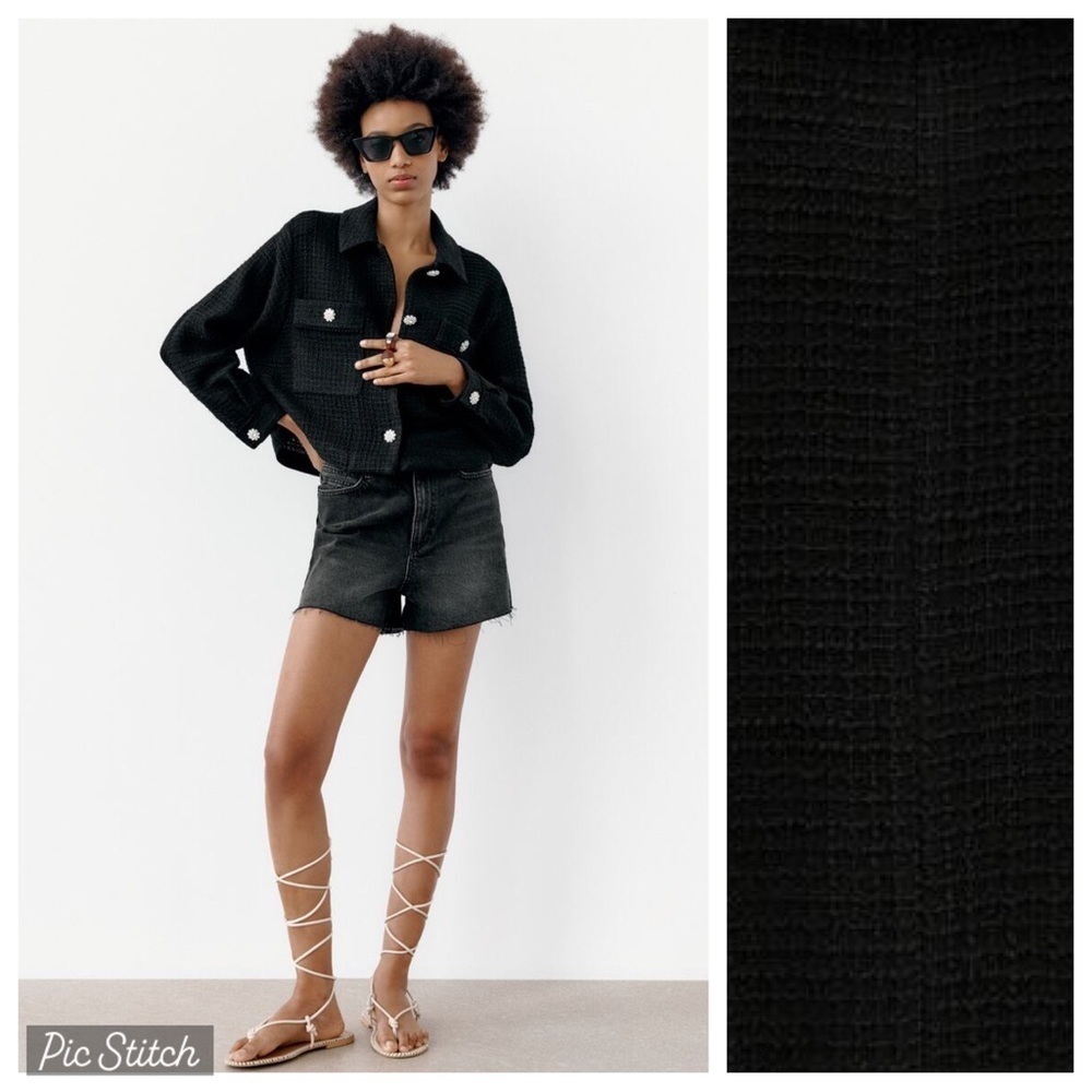 NWT. Zara Black Jacket - Shirt with Rhinestone Buttons. Size L.